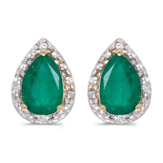 14k Yellow Gold Pear Emerald And Diamond Earrings