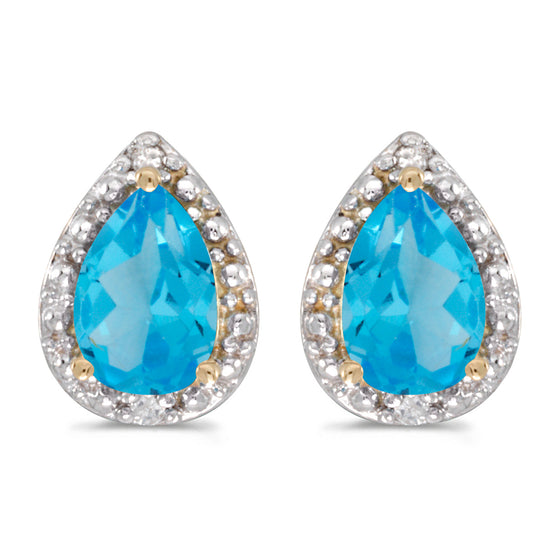 14k Yellow Gold Pear Blue Topaz And Diamond Earrings