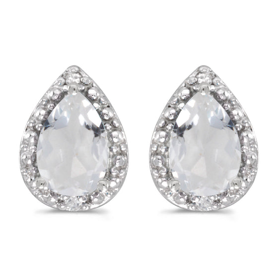 14k White Gold Pear White Topaz And Diamond Earrings