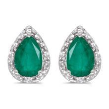  14k White Gold Pear Emerald And Diamond Earrings