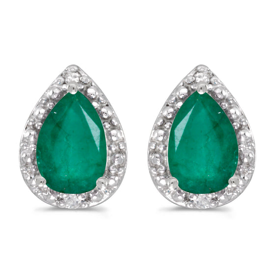 14k White Gold Pear Emerald And Diamond Earrings