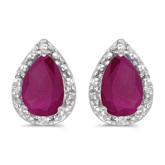 14k White Gold Pear Ruby And Diamond Earrings