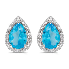 14k White Gold Pear Blue Topaz And Diamond Earrings