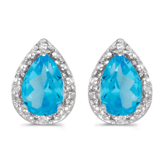 14k White Gold Pear Blue Topaz And Diamond Earrings