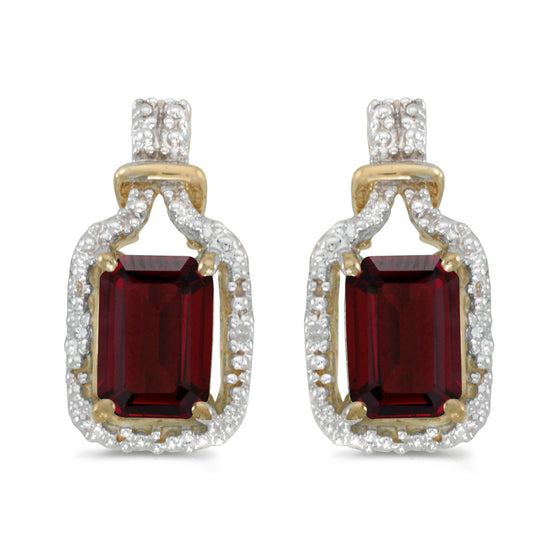 14k Yellow Gold Emerald-cut Garnet And Diamond Earrings
