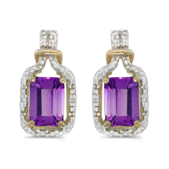 14k Yellow Gold Emerald-cut Amethyst And Diamond Earrings