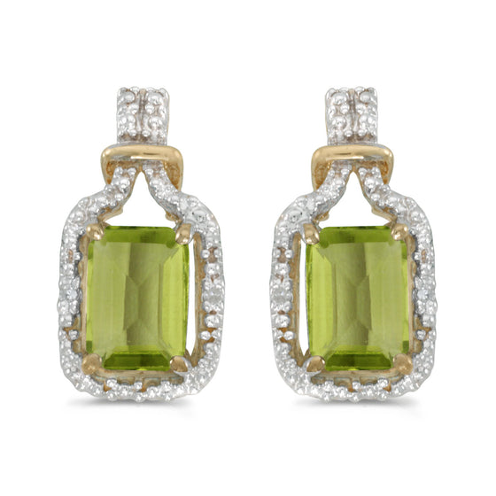 14k Yellow Gold Emerald-cut Peridot And Diamond Earrings