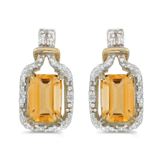 14k Yellow Gold Emerald-cut Citrine And Diamond Earrings