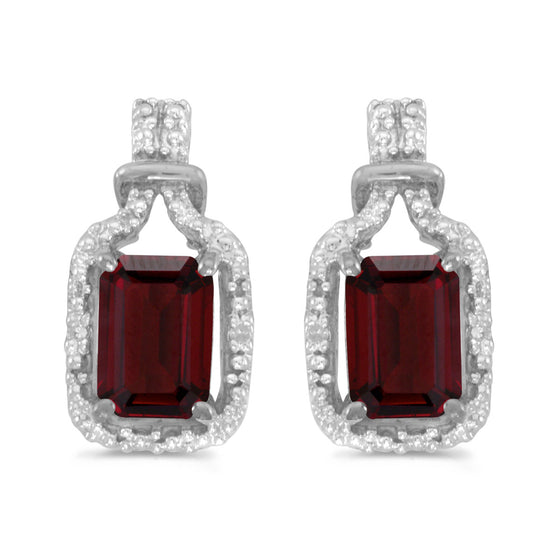 14k White Gold Emerald-cut Garnet And Diamond Earrings