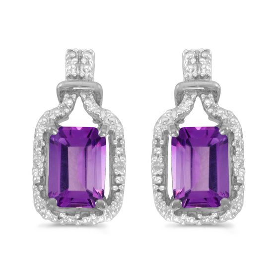 14k White Gold Emerald-cut Amethyst And Diamond Earrings