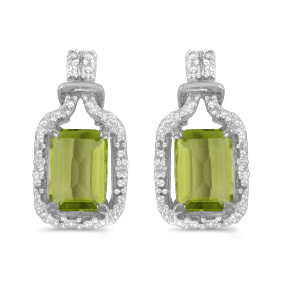 14k White Gold Emerald-cut Peridot And Diamond Earrings