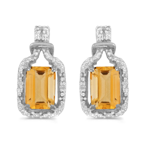 14k White Gold Emerald-cut Citrine And Diamond Earrings