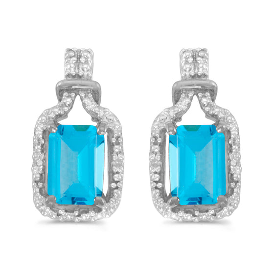 14k White Gold Emerald-cut Blue Topaz And Diamond Earrings