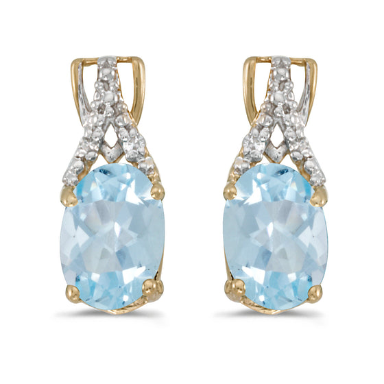 14k Yellow Gold Oval Aquamarine And Diamond Earrings
