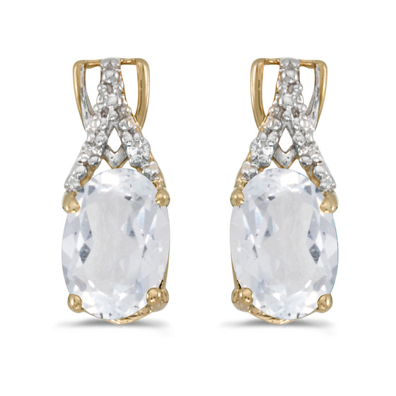 14k Yellow Gold Oval White Topaz And Diamond Earrings