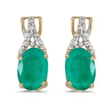  14k Yellow Gold Oval Emerald And Diamond Earrings