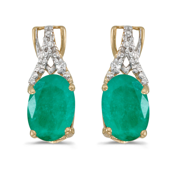 14k Yellow Gold Oval Emerald And Diamond Earrings