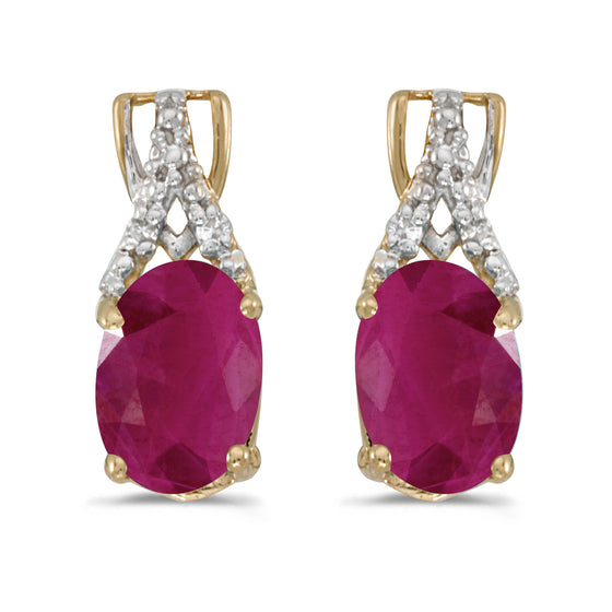 14k Yellow Gold Oval Ruby And Diamond Earrings