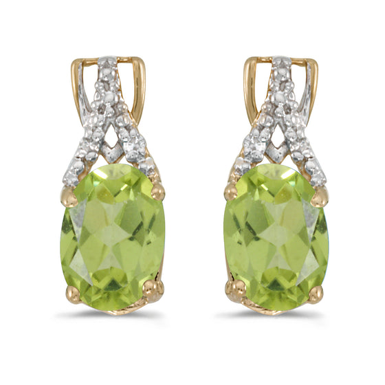 14k Yellow Gold Oval Peridot And Diamond Earrings