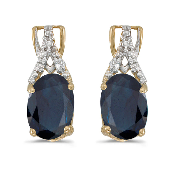 14k Yellow Gold Oval Sapphire And Diamond Earrings