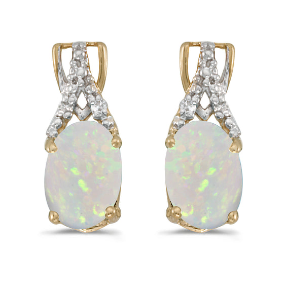 14k Yellow Gold Oval Opal And Diamond Earrings