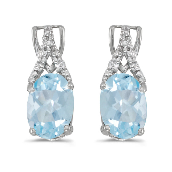 14k White Gold Oval Aquamarine And Diamond Earrings