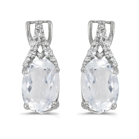 14k White Gold Oval White Topaz And Diamond Earrings