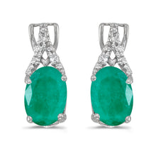  14k White Gold Oval Emerald And Diamond Earrings
