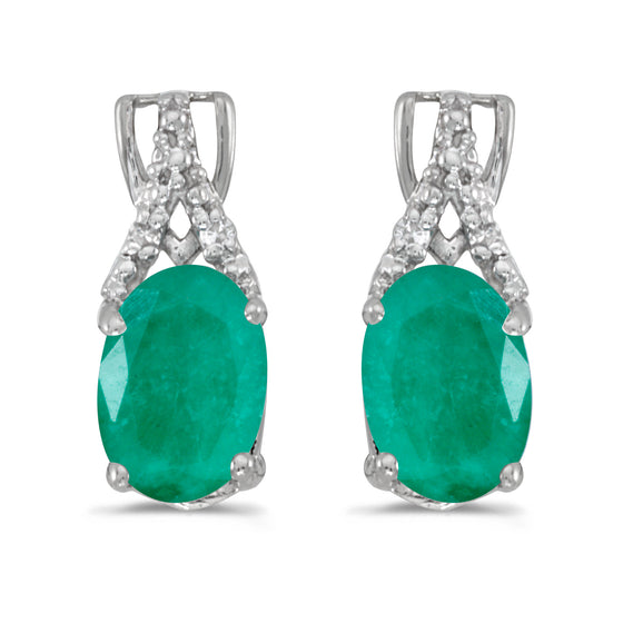 14k White Gold Oval Emerald And Diamond Earrings