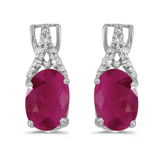14k White Gold Oval Ruby And Diamond Earrings
