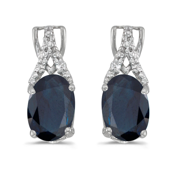 14k White Gold Oval Sapphire And Diamond Earrings