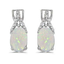  14k White Gold Oval Opal And Diamond Earrings