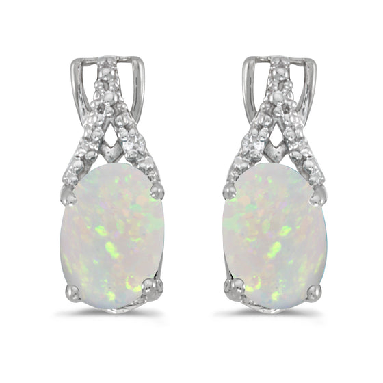 14k White Gold Oval Opal And Diamond Earrings