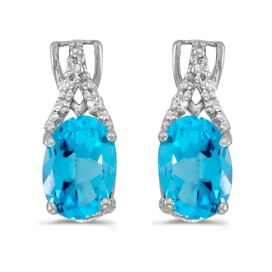 14k White Gold Oval Blue Topaz And Diamond Earrings