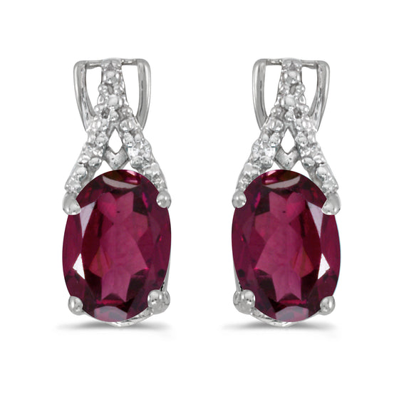 14k White Gold Oval Rhodolite Garnet And Diamond Earrings
