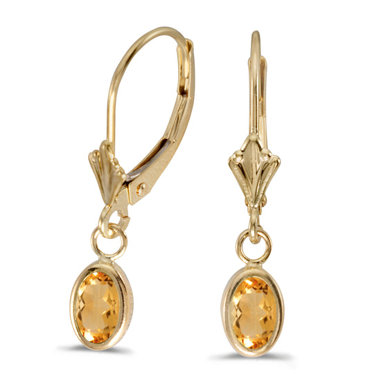 14k Yellow Gold Oval Citrine Bezel Lever-back Earrings