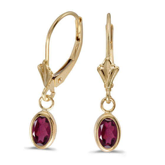 14k Yellow Gold Oval Rhodolite Garnet Bezel Lever-back Earrings