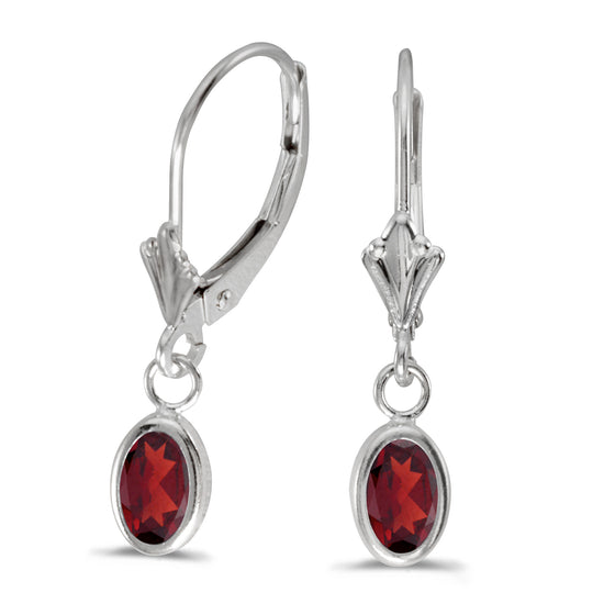 14k White Gold Oval Garnet Bezel Lever-back Earrings