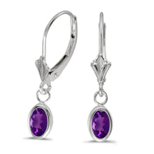  14k White Gold Oval Amethyst Bezel Lever-back Earrings