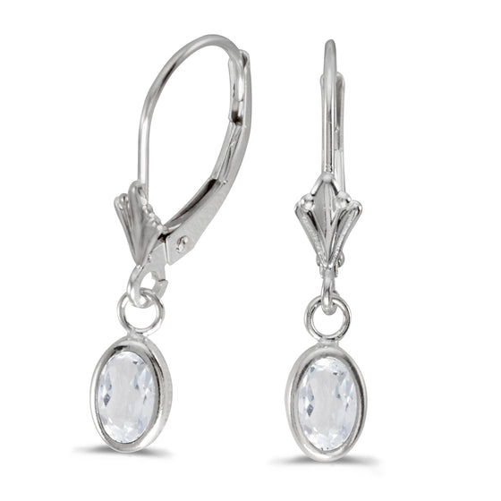 14k White Gold Oval White Topaz Bezel Lever-back Earrings