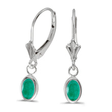  14k White Gold Oval Emerald Bezel Lever-back Earrings