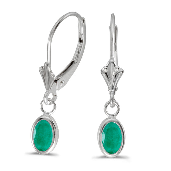 14k White Gold Oval Emerald Bezel Lever-back Earrings