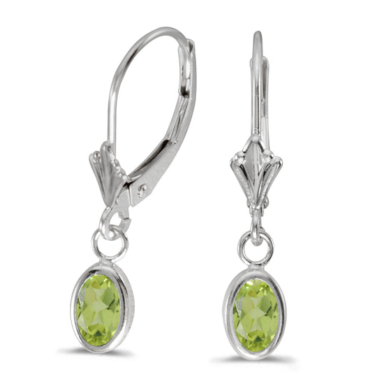14k White Gold Oval Peridot Bezel Lever-back Earrings
