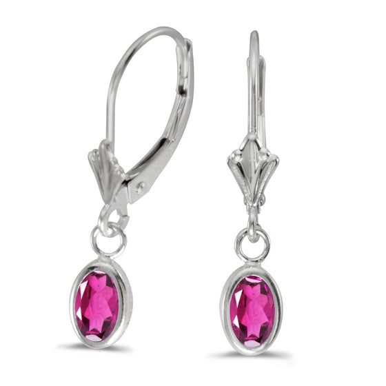 14k White Gold Oval Pink Topaz Bezel Lever-back Earrings