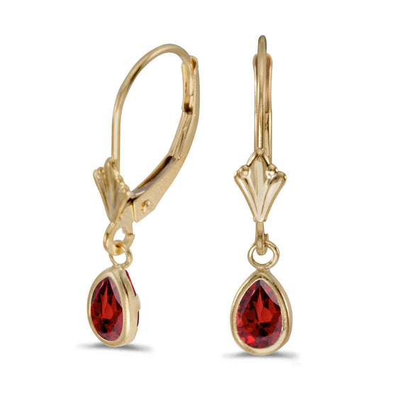 14k Yellow Gold Pear Garnet Bezel Lever-back Earrings