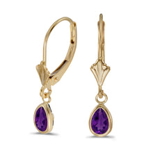  14k Yellow Gold Pear Amethyst Bezel Lever-back Earrings