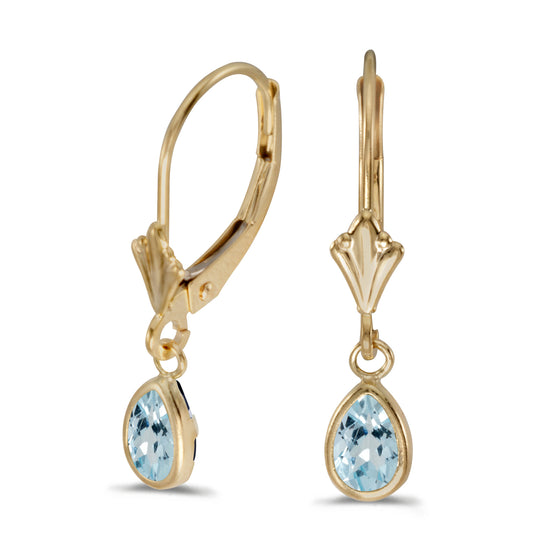14k Yellow Gold Pear Aquamarine Bezel Lever-back Earrings