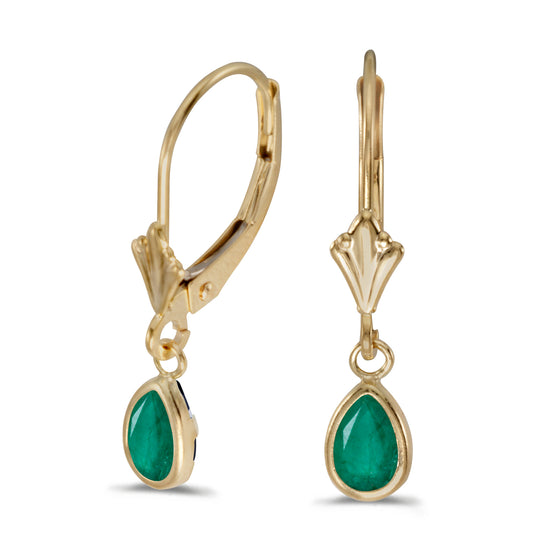 14k Yellow Gold Pear Emerald Bezel Lever-back Earrings