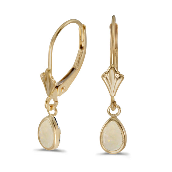 14k Yellow Gold Pear Opal Bezel Lever-back Earrings