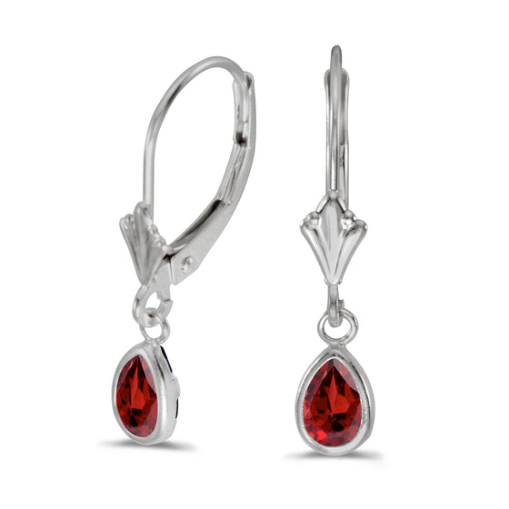 14k White Gold Pear Garnet Bezel Lever-back Earrings